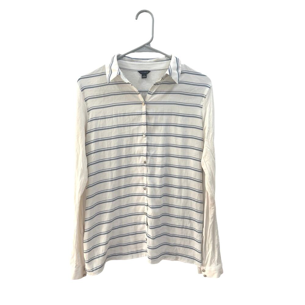 Ann Taylor career button down collared striped mixed fabric blouse small